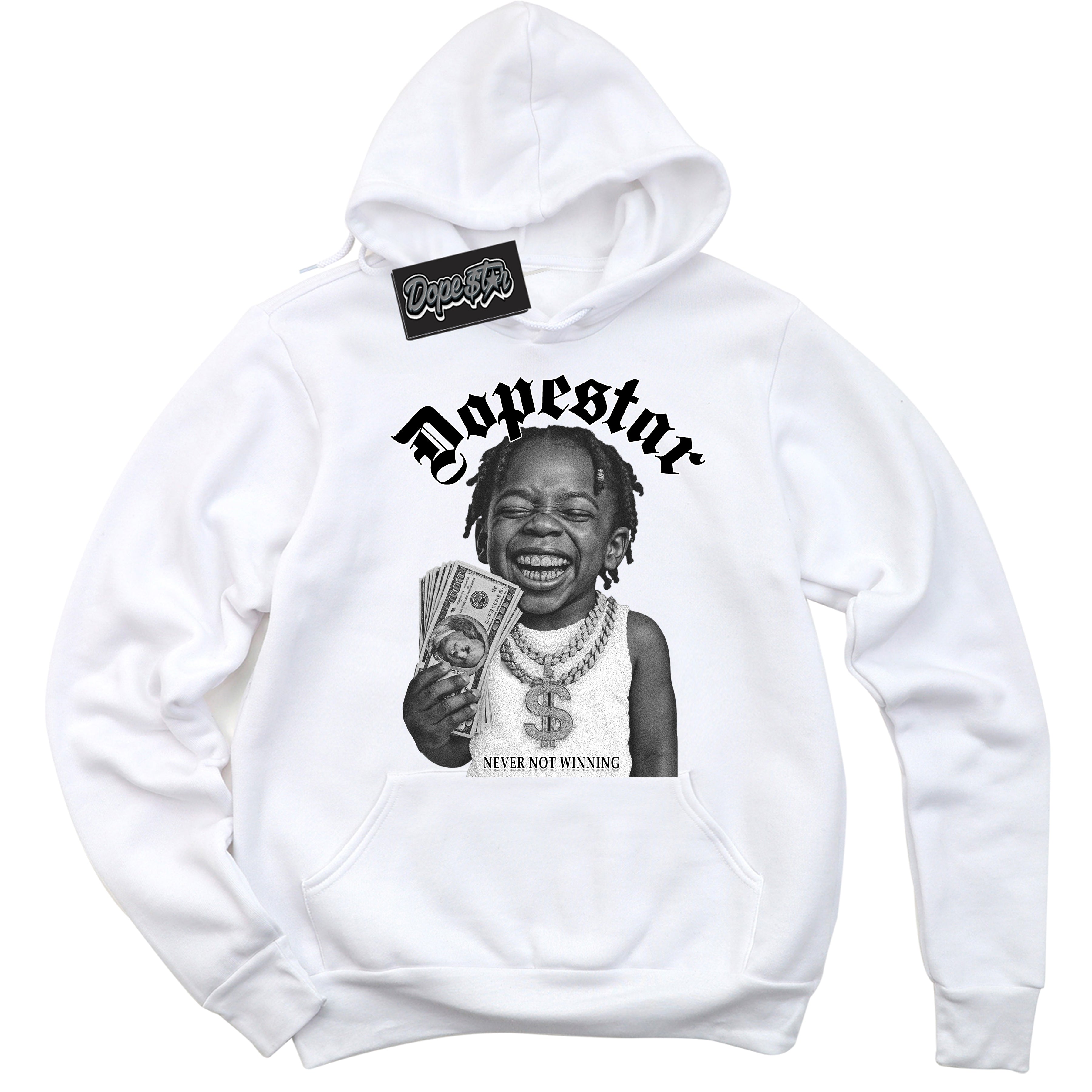 White “Never Not Winning” Hoodie by Dope Star Brand®, styled to match Panda Dunk sneakers
