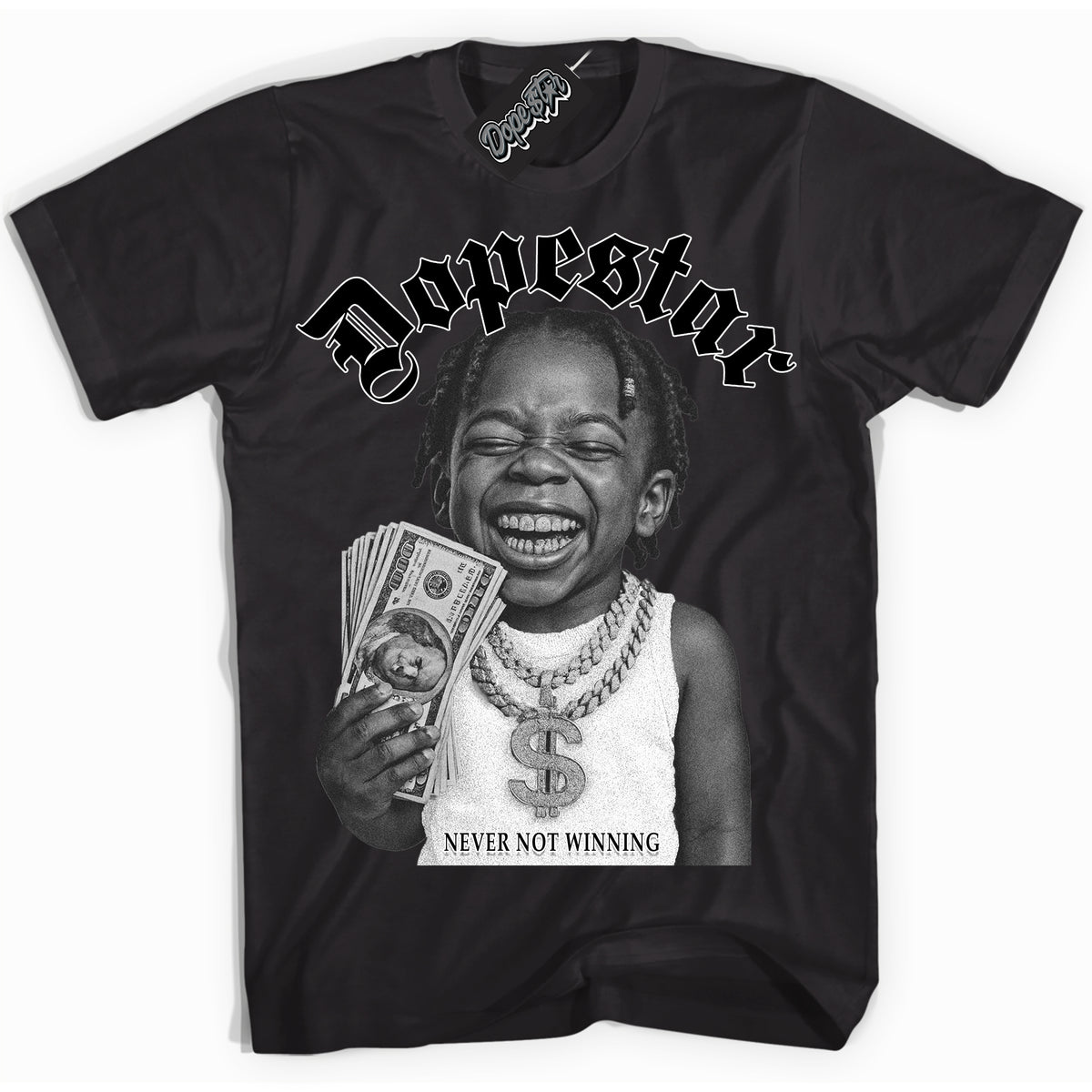 Black “Never Not Winning” T-shirt by Dope Star Brand®, styled to match Panda Dunk sneakers

