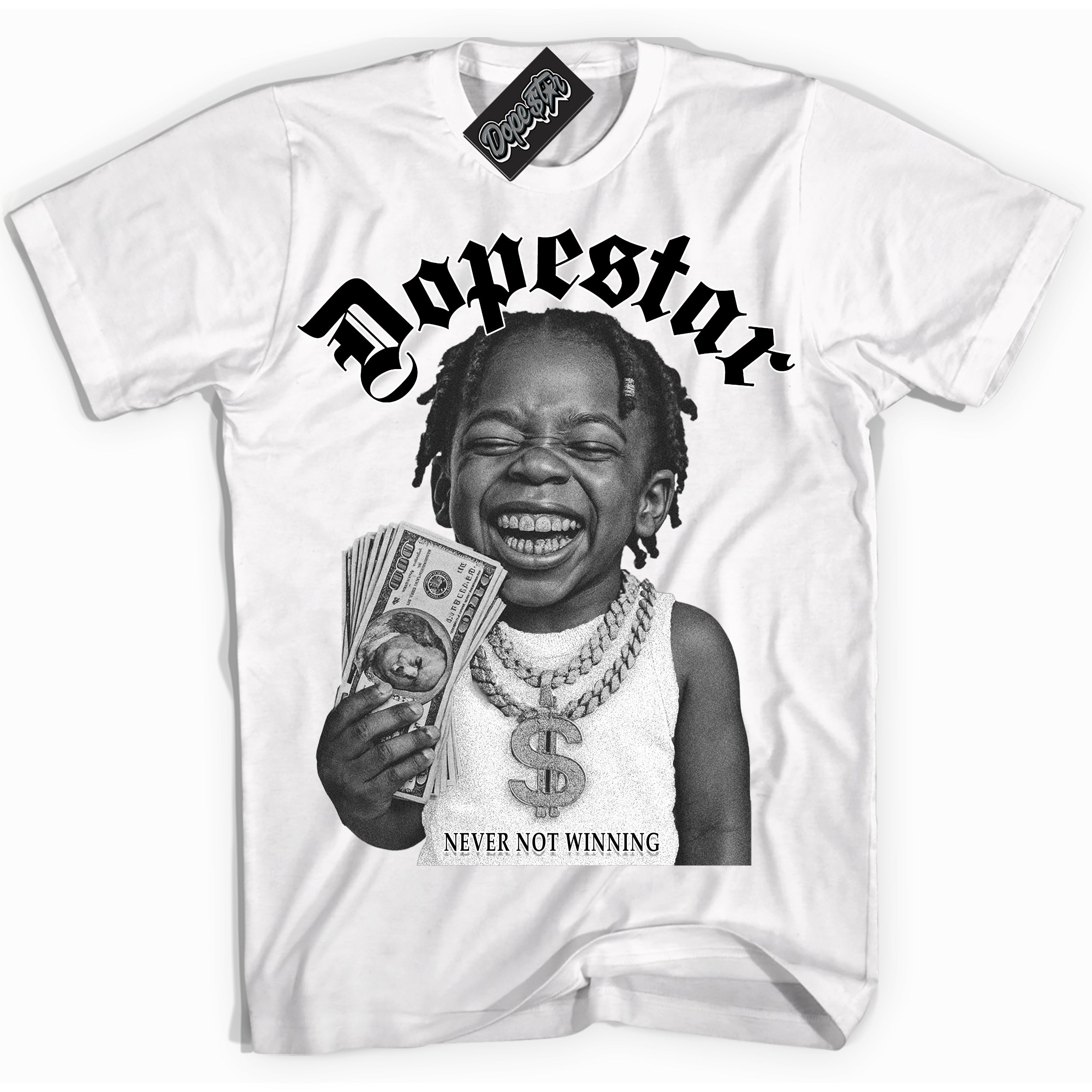 White “Never Not Winning” T-shirt by Dope Star Brand®, styled to match Panda Dunk sneakers
