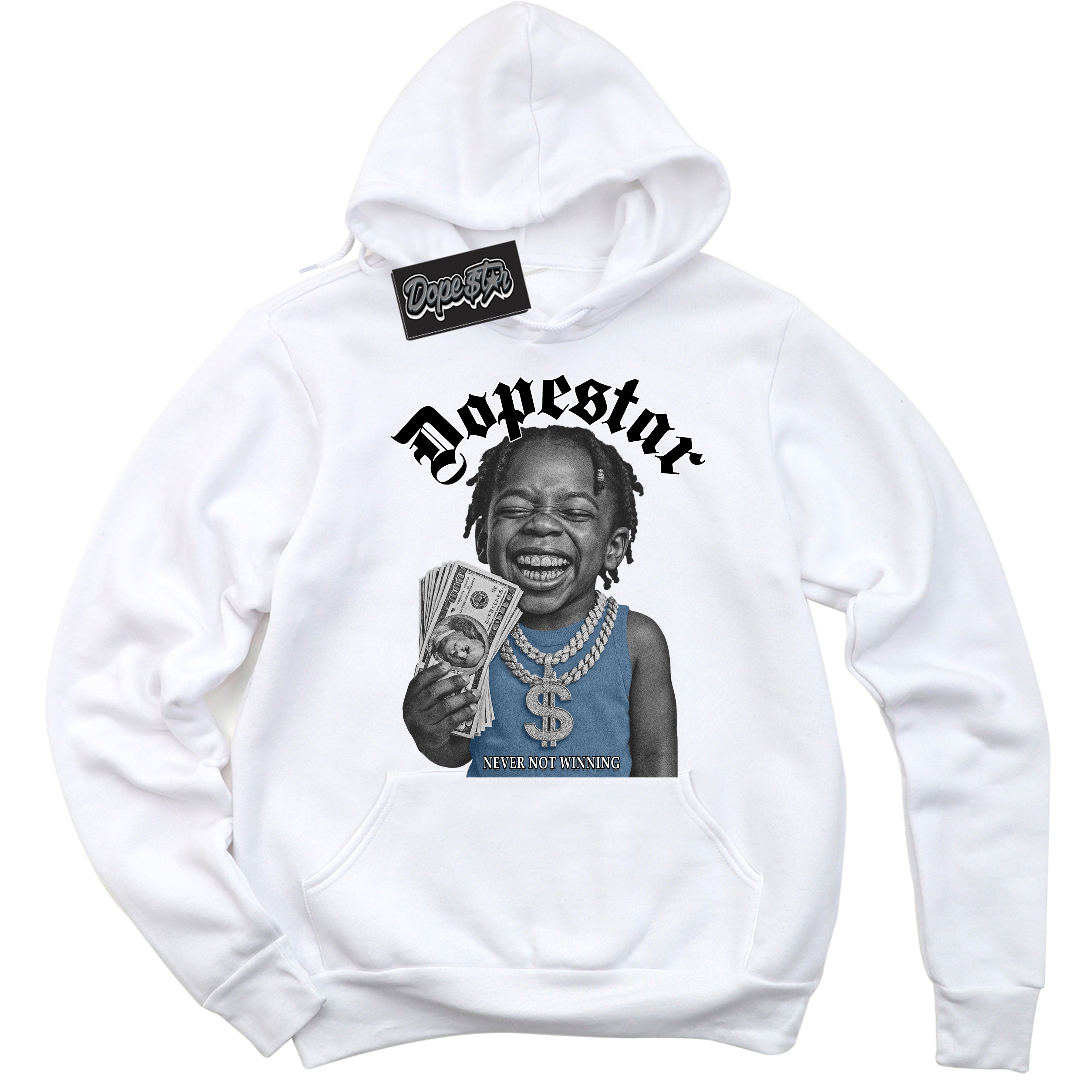 White “Never Not Winning” Hoodie by Dope Star Brand®, styled to match Reverse Panda Dunk sneakers