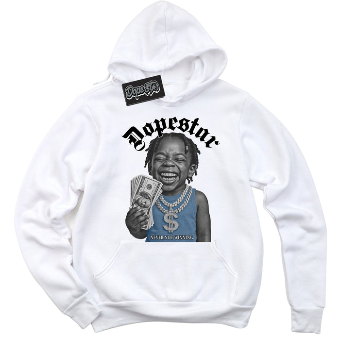 White “Never Not Winning” Hoodie by Dope Star Brand®, styled to match Reverse Panda Dunk sneakers