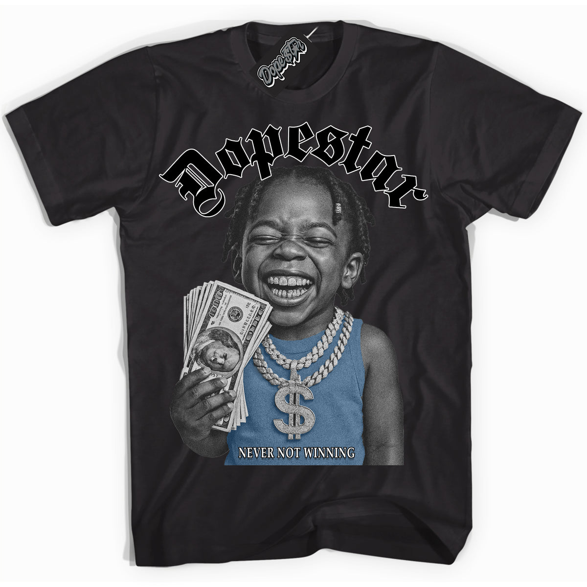 Black “Never Not Winning” T-shirt by Dope Star Brand®, styled to match Reverse Panda Dunk sneakers