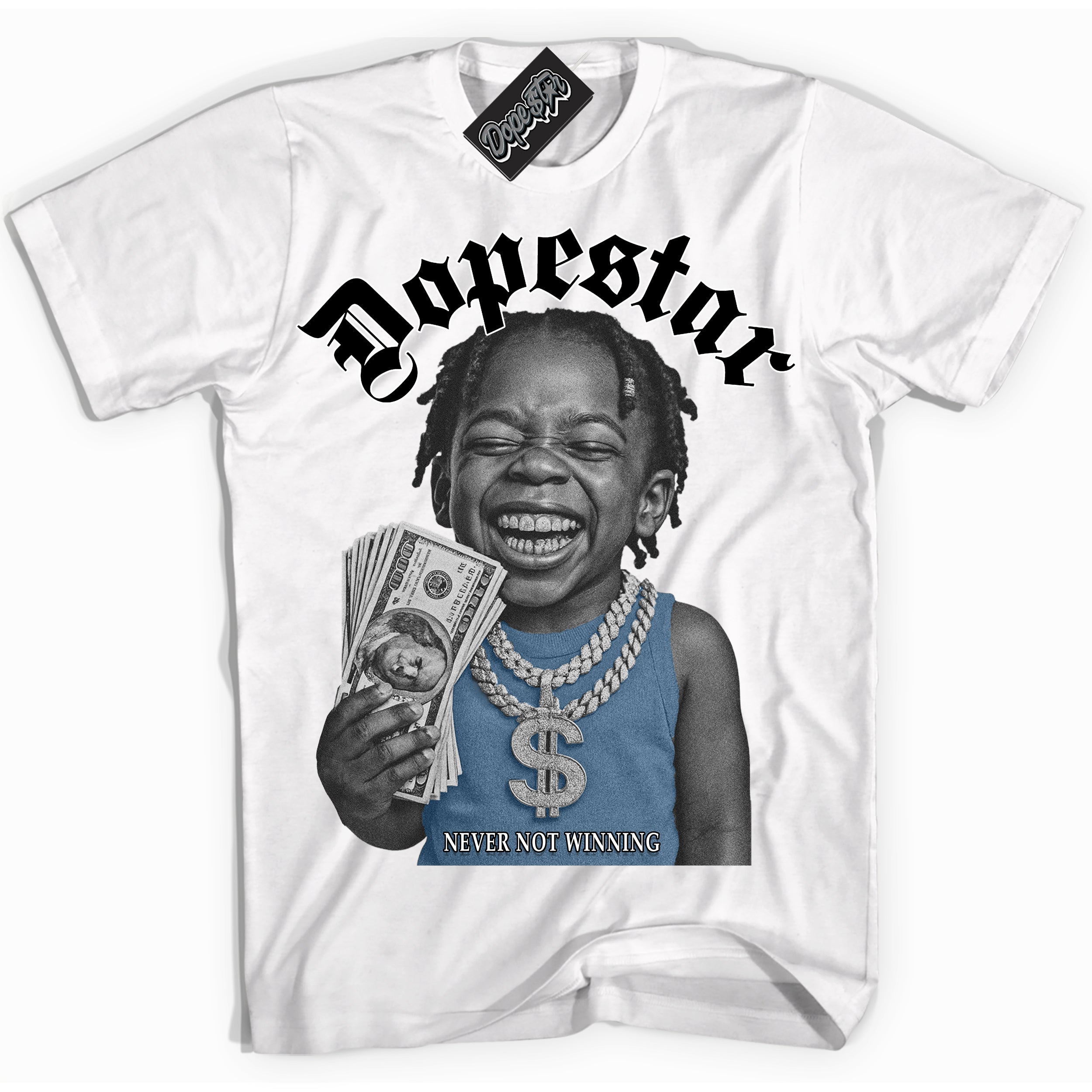 White “Never Not Winning” T-shirt by Dope Star Brand®, styled to match Reverse Panda Dunk sneakers