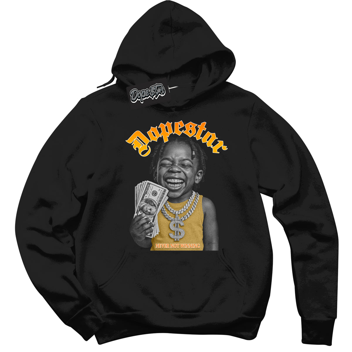Black “Never Not Winning” Hoodie by Dope Star Brand®, styled to match Saturn Gold Dunk sneakers