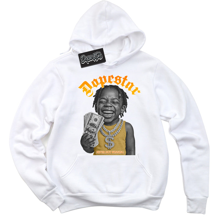 White “Never Not Winning” Hoodie by Dope Star Brand®, styled to match Saturn Gold Dunk sneakers