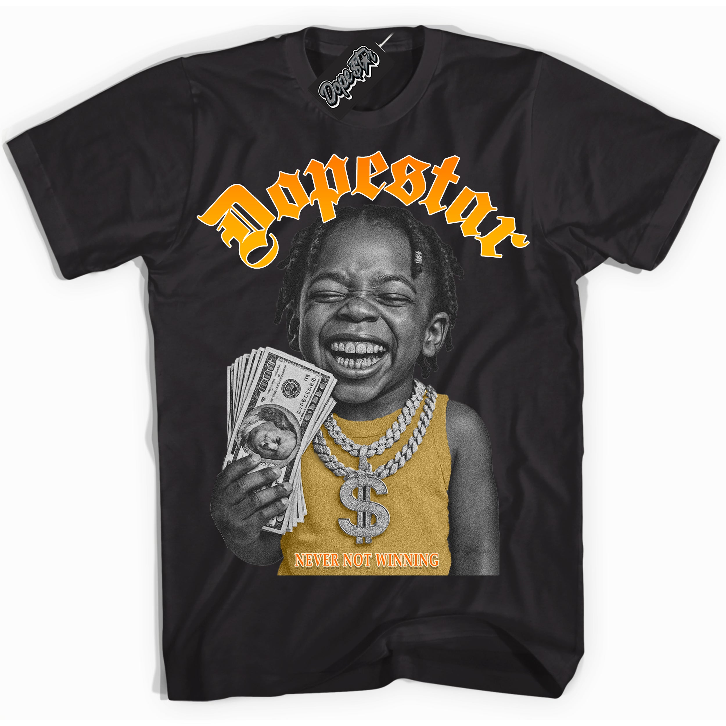 Black “Never Not Winning” T-shirt by Dope Star Brand®, styled to match Saturn Gold Dunk sneakers