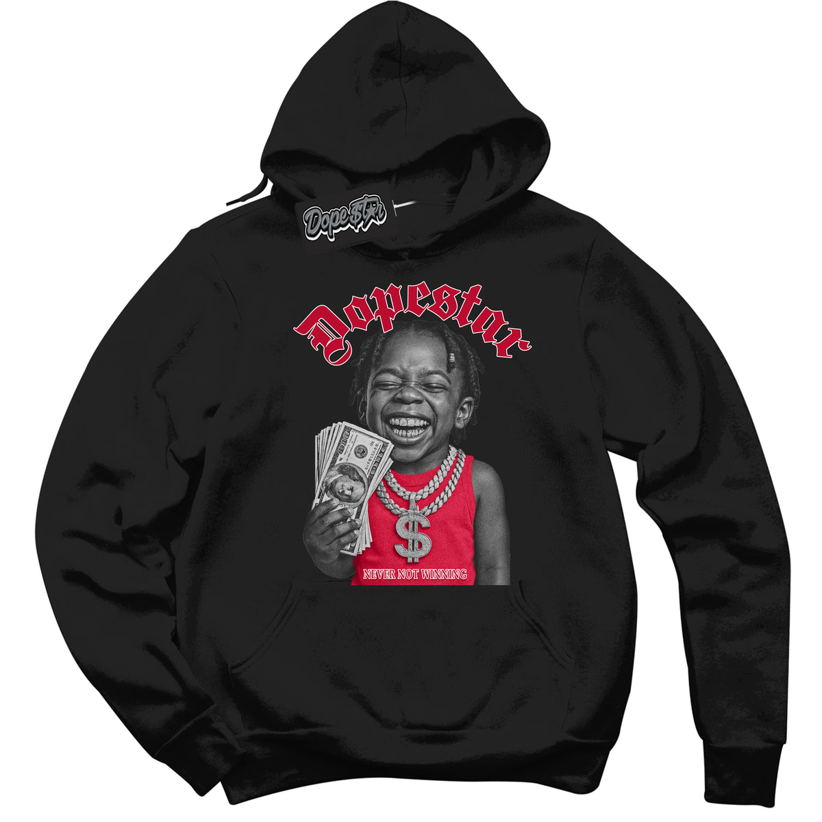 Black “Never Not Winning” Hoodie by Dope Star Brand®, styled to match University Red Dunk sneakers