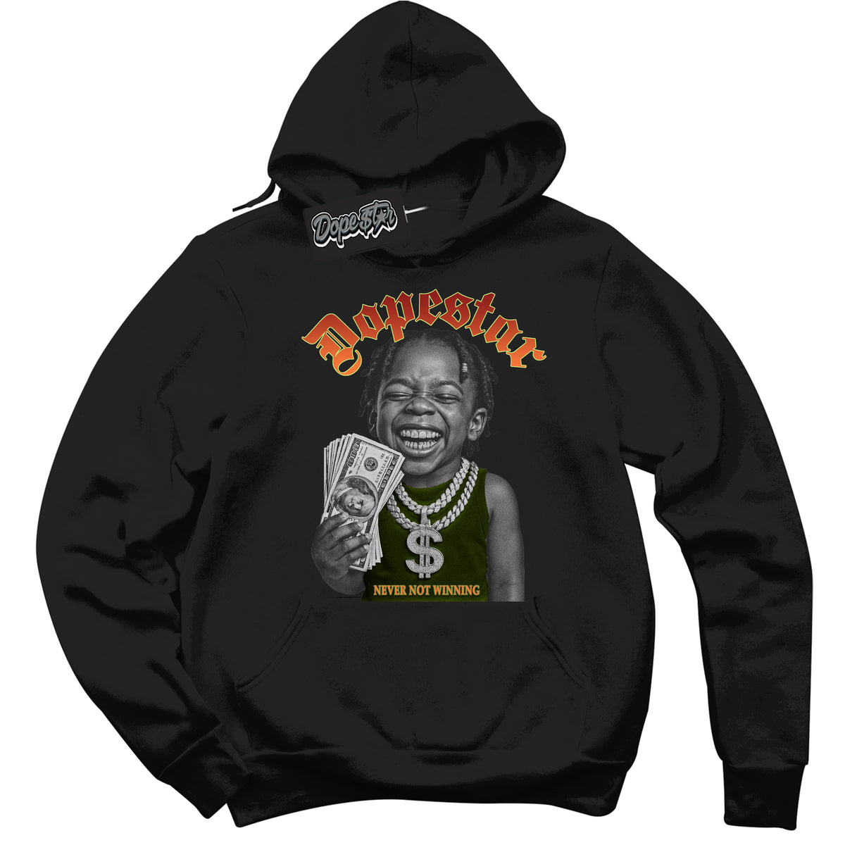 Black “Never Not Winning” Hoodie by Dope Star Brand®, styled to match Green Curry Dunk sneakers