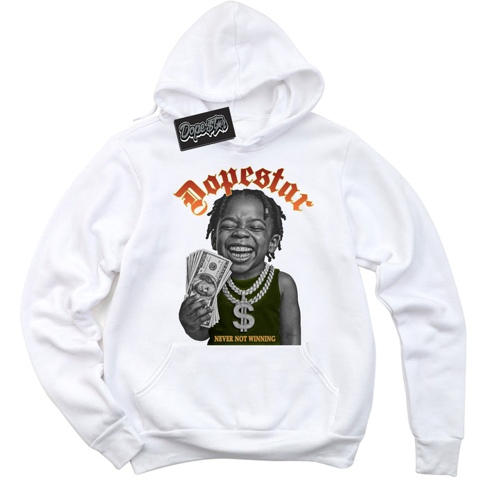 White “Never Not Winning” Hoodie by Dope Star Brand®, styled to match Green Curry Dunk sneakers
