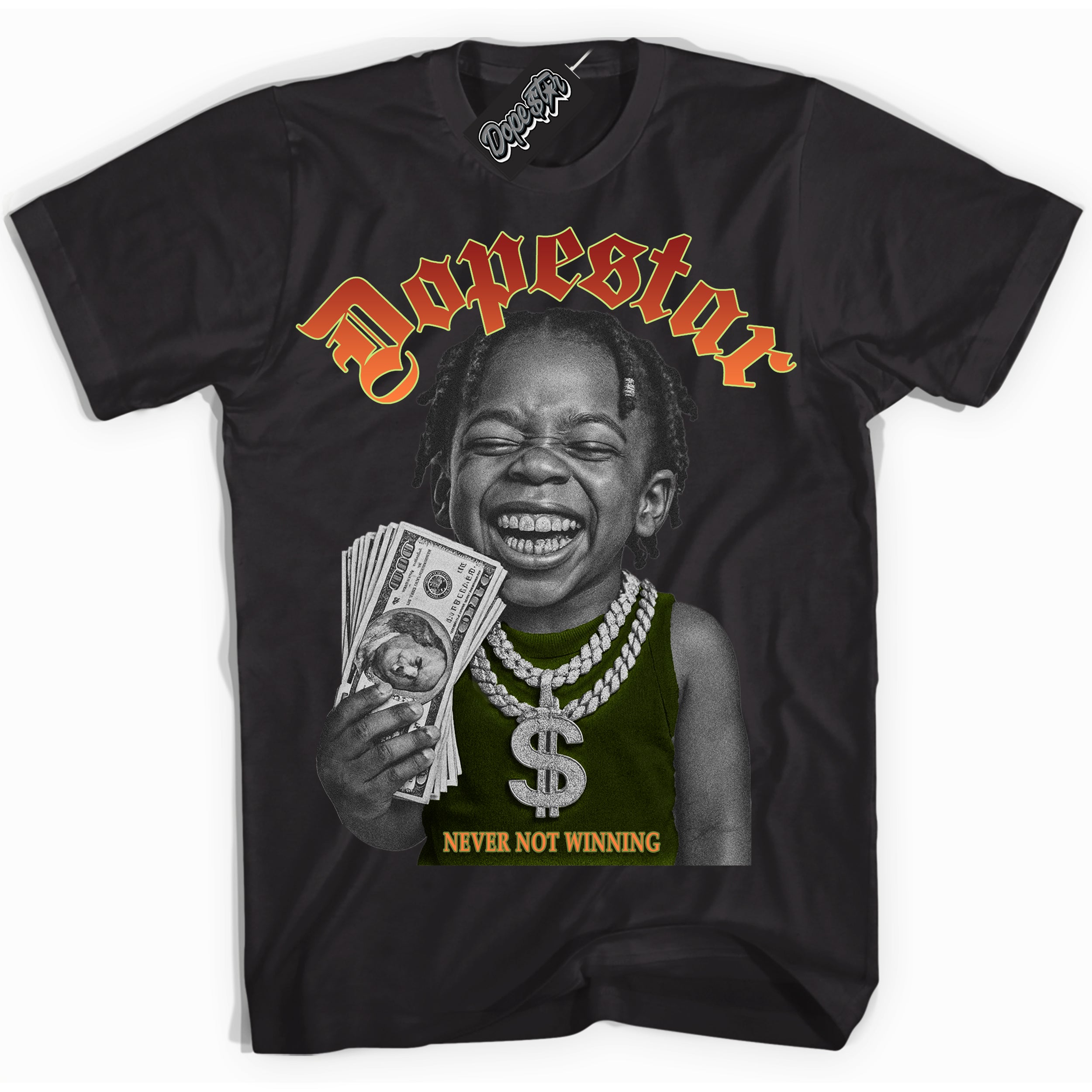 Black “Never Not Winning” T-shirt by Dope Star Brand®, styled to match Green Curry Dunk sneakers
