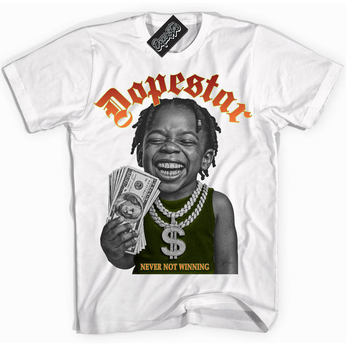 White “Never Not Winning” T-shirt by Dope Star Brand®, styled to match Green Curry Dunk sneakers
