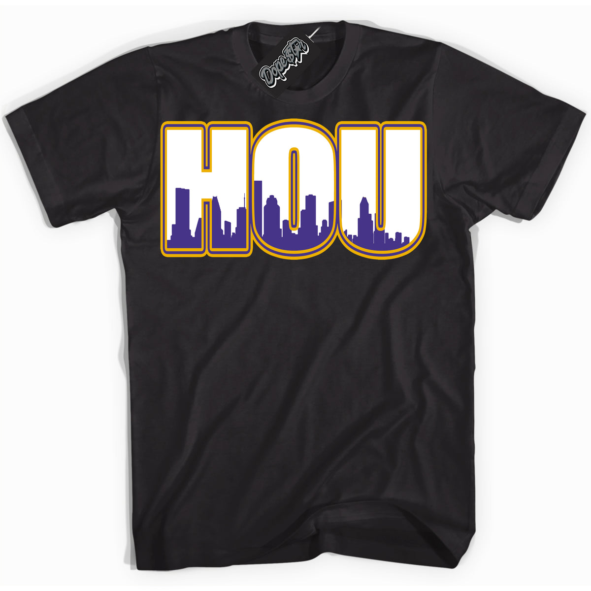 Cool Black Shirt with “Houston” design that perfectly matches the Air Force 1 QS Kobe Lakers Home Sneakers.