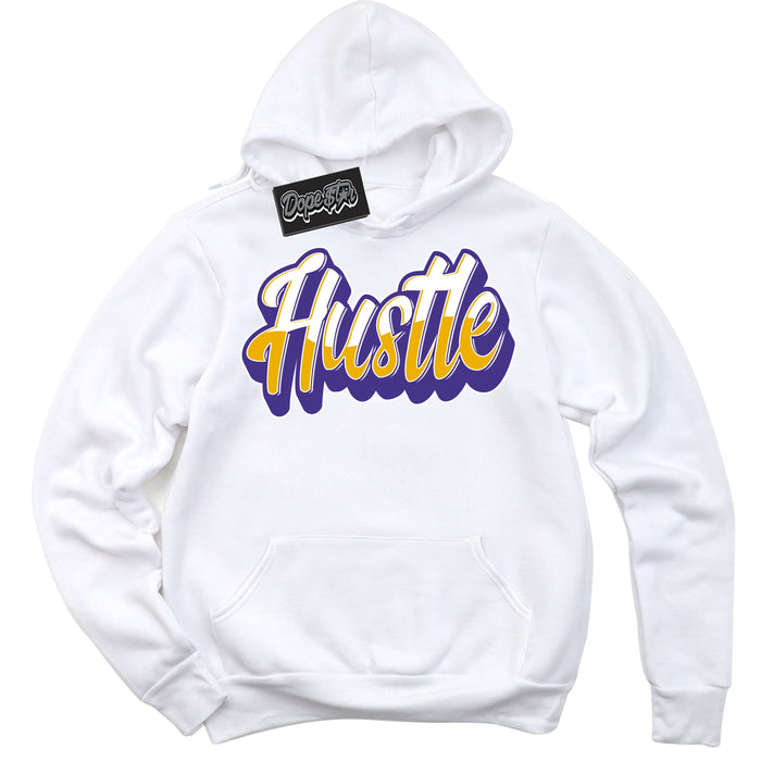 Cool White Hoodie with “Hustle” design that Perfectly Matches Air Force 1 QS Kobe Lakers Home Sneakers.
