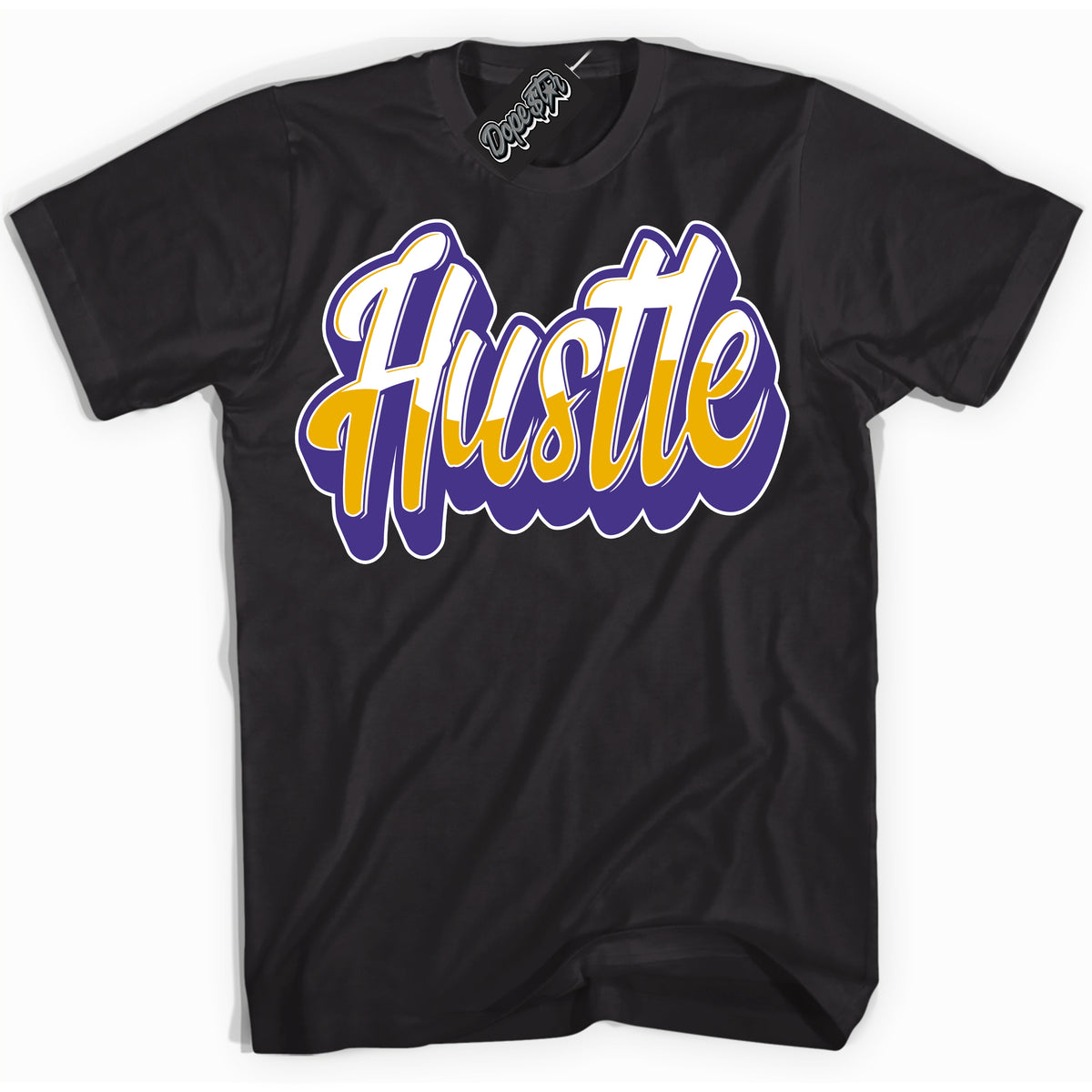 Cool Black Shirt with “Hustle” design that perfectly matches the Air Force 1 QS Kobe Lakers Home Sneakers.
