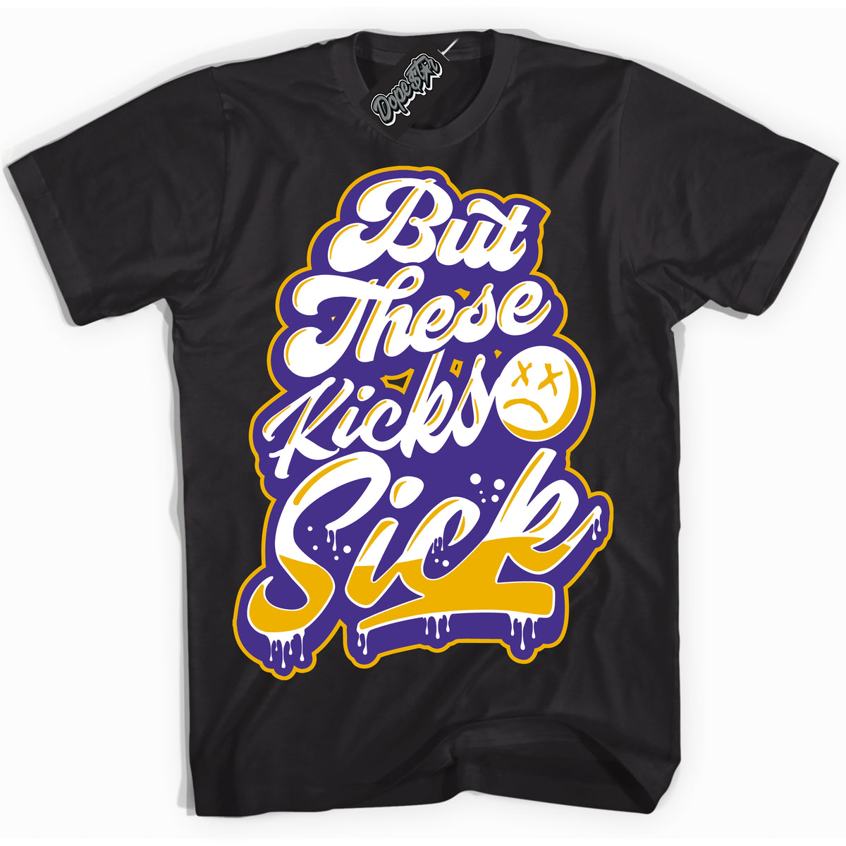 Cool Black Shirt with “Kick Sick” design that perfectly matches the Air Force 1 QS Kobe Lakers Home Sneakers.