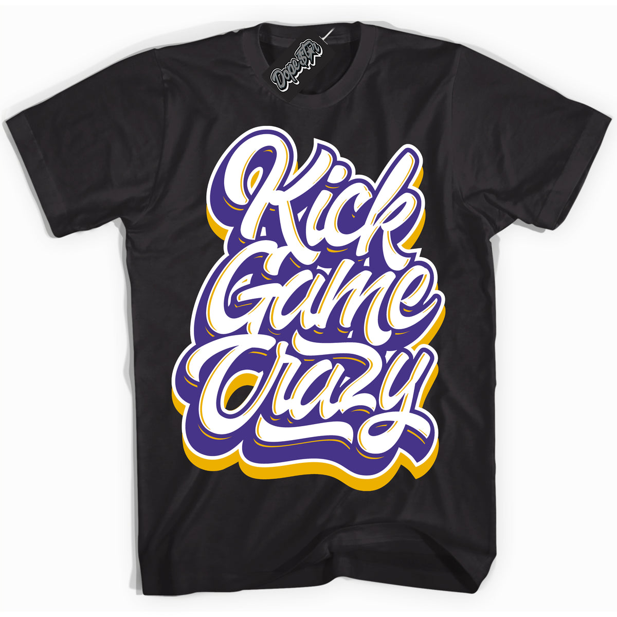 Cool Black Shirt with “Kick Game Crazy” design that perfectly matches the Air Force 1 QS Kobe Lakers Home Sneakers.
