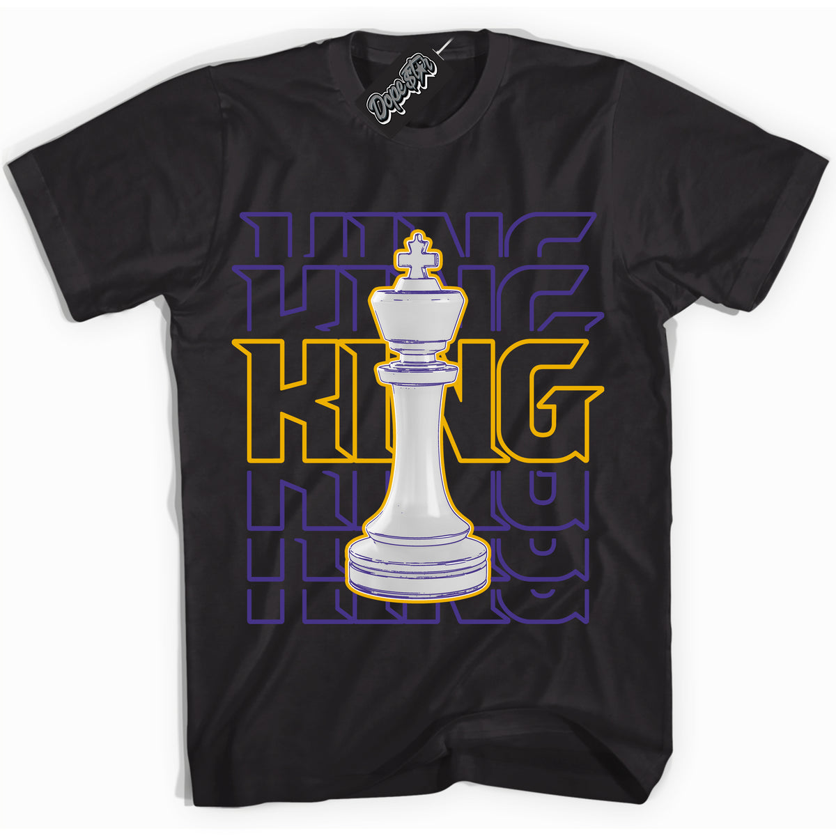 Cool Black Shirt with “King Chess” design that perfectly matches the Air Force 1 QS Kobe Lakers Home Sneakers.