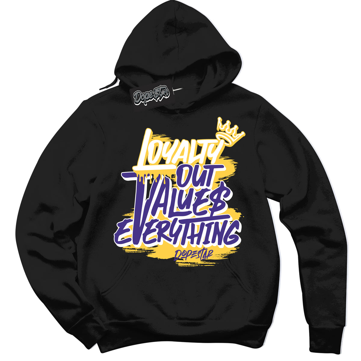 Cool Black Hoodie with “Loyalty Out Values Everything” design that Perfectly Matches Air Force 1 QS Kobe Lakers Home Sneakers.