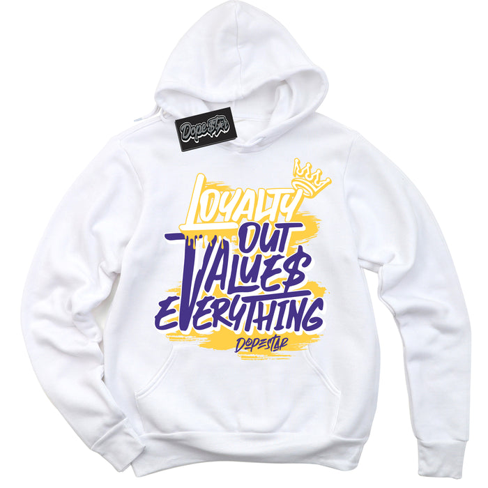 Cool White Hoodie with “Loyalty Out Values Everything” design that Perfectly Matches Air Force 1 QS Kobe Lakers Home Sneakers.