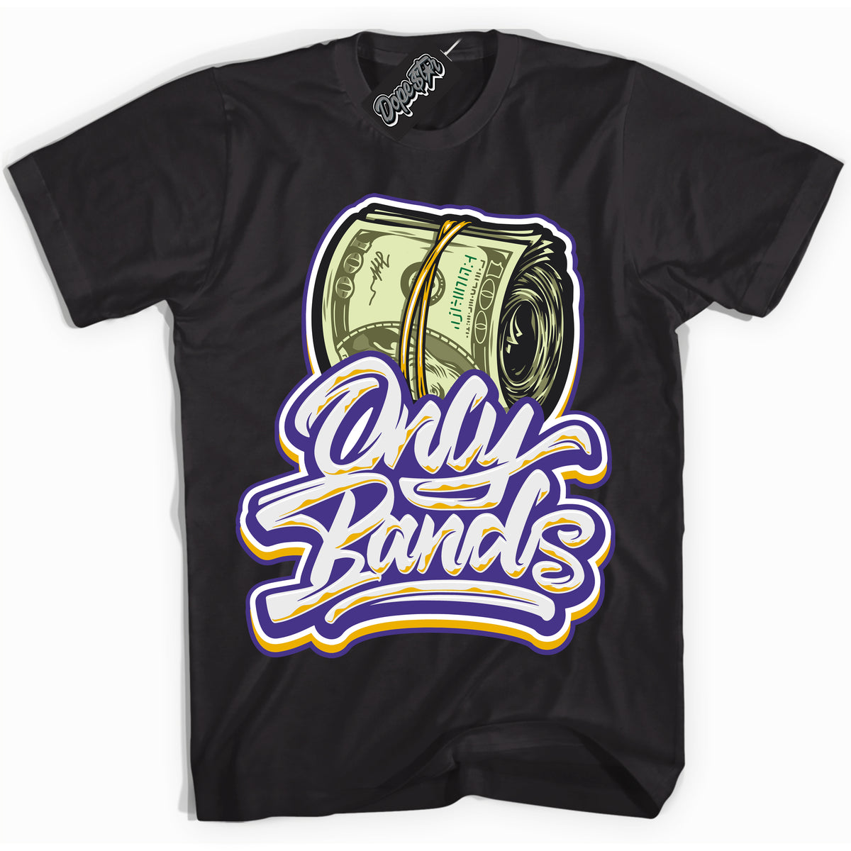 Cool Black Shirt with “Only Bands” design that perfectly matches the Air Force 1 QS Kobe Lakers Home Sneakers.
