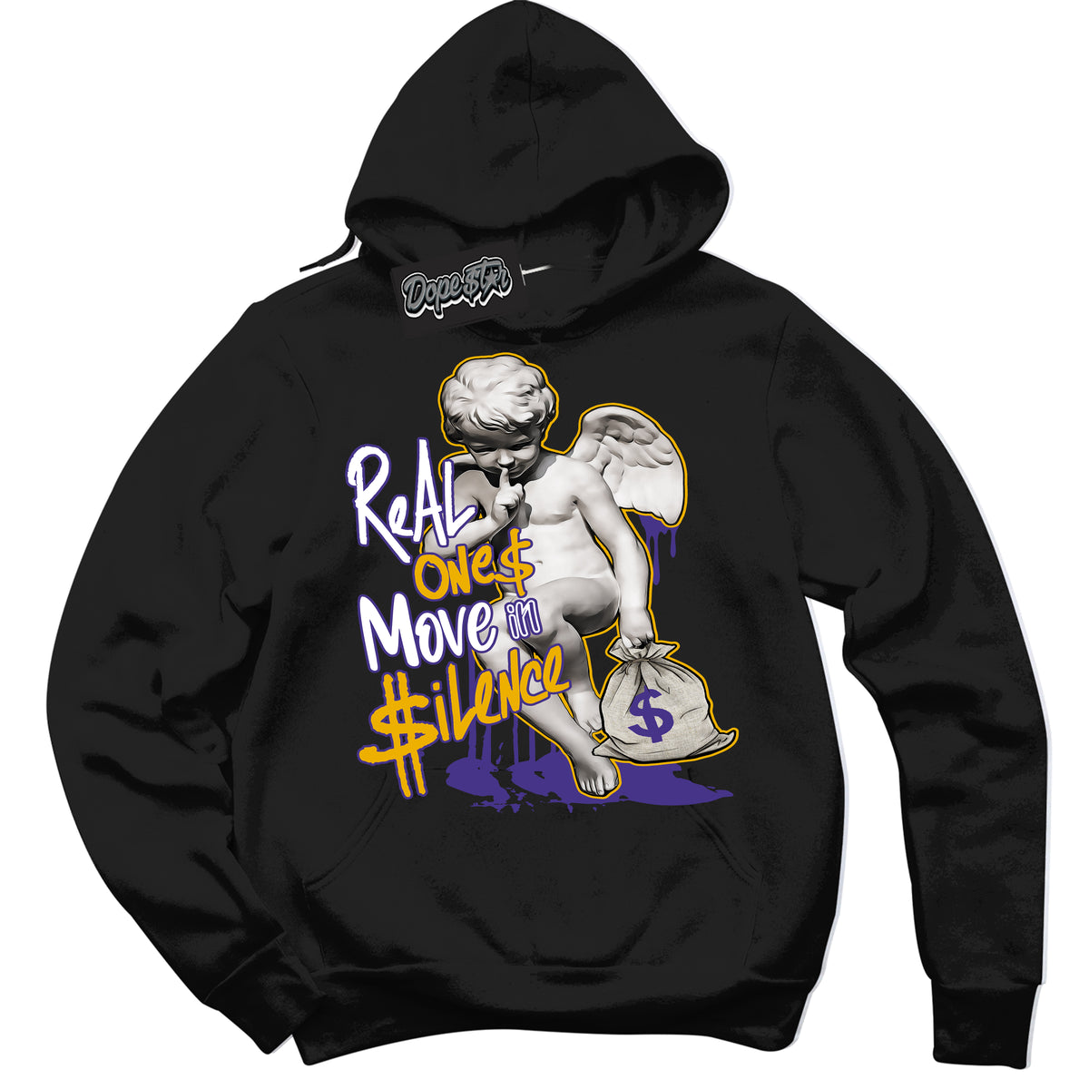 Cool Black Hoodie with “Real Ones Cherub” design that Perfectly Matches Air Force 1 QS Kobe Lakers Home Sneakers.