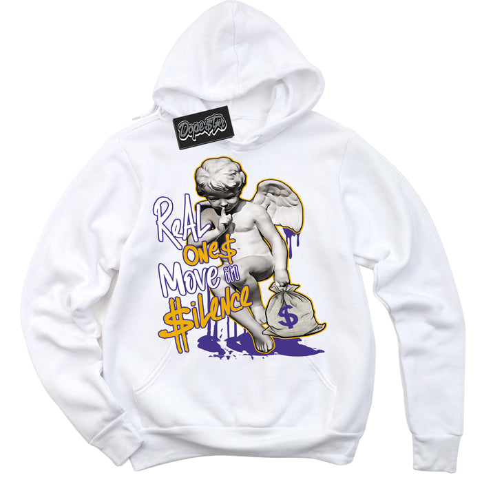 Cool White Hoodie with “Real Ones Cherub” design that Perfectly Matches Air Force 1 QS Kobe Lakers Home Sneakers.