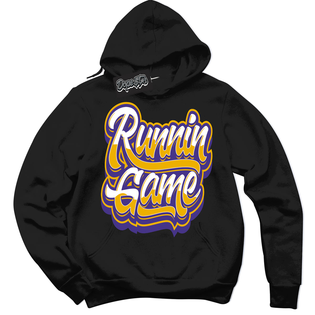 Cool Black Hoodie with “Running Game” design that Perfectly Matches Air Force 1 QS Kobe Lakers Home Sneakers.
