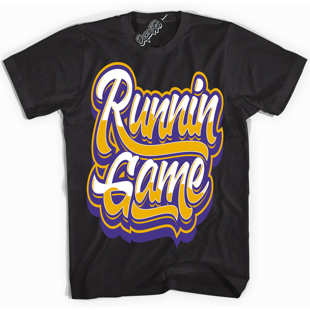 Cool Black Shirt with “Running Game” design that perfectly matches the Air Force 1 QS Kobe Lakers Home Sneakers.
