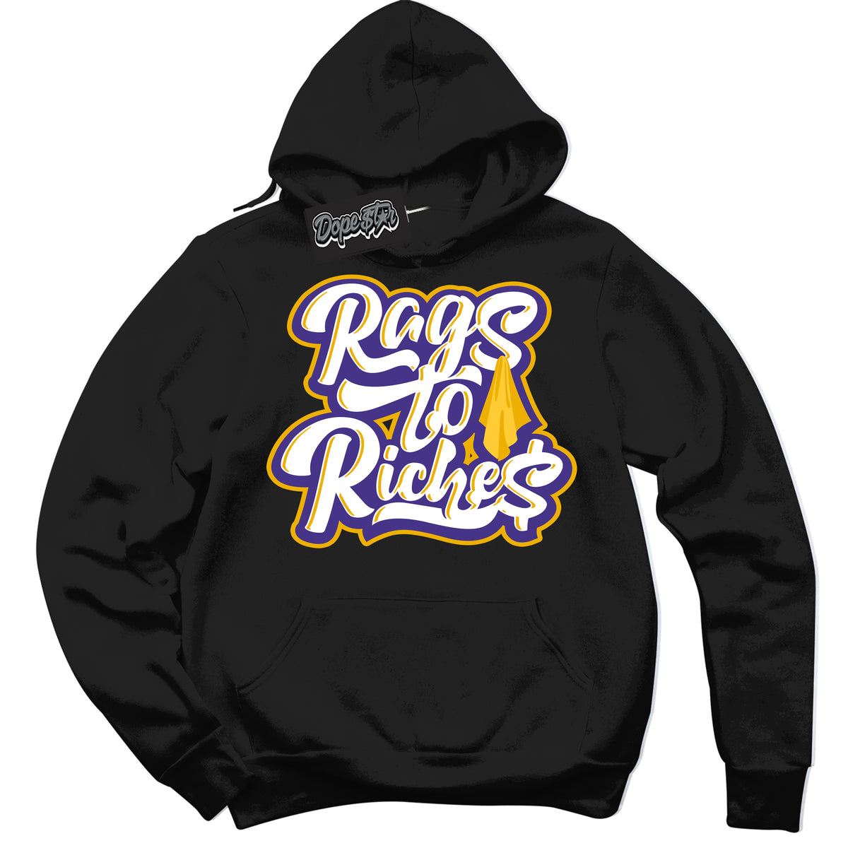 Cool Black Hoodie with “Rags To Riches” design that Perfectly Matches Air Force 1 QS Kobe Lakers Home Sneakers.
