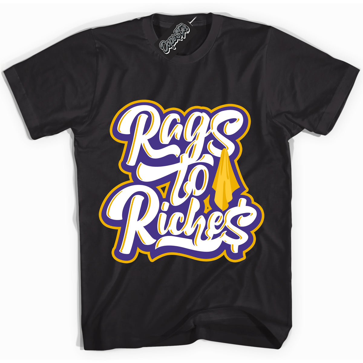 Cool Black Shirt with “Rags To Riches” design that perfectly matches the Air Force 1 QS Kobe Lakers Home Sneakers.

