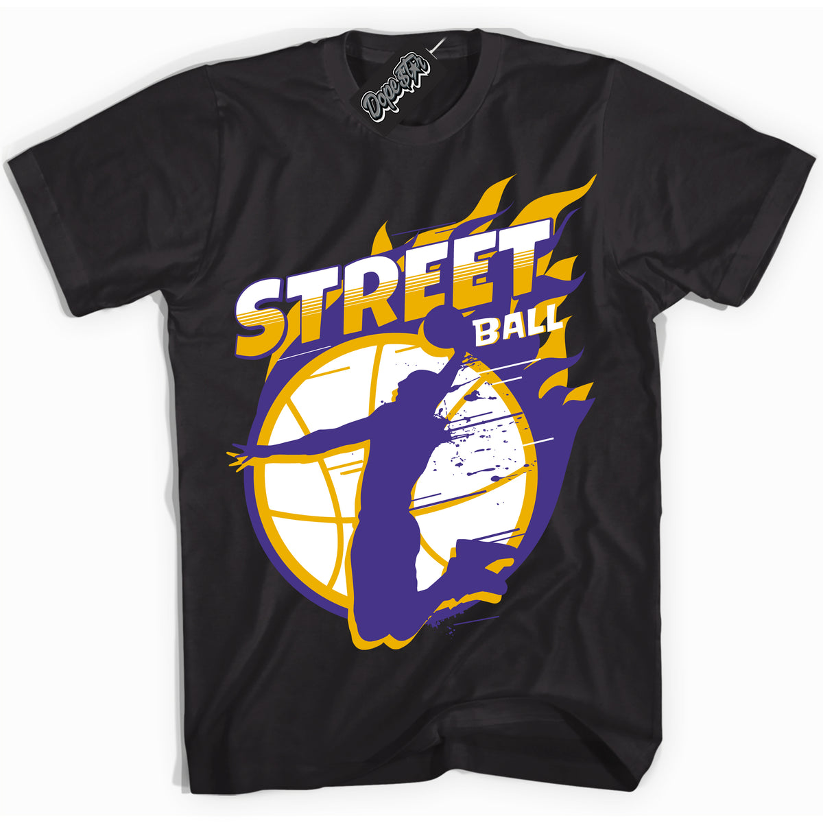 Cool Black Shirt with “Street Ball” design that perfectly matches the Air Force 1 QS Kobe Lakers Home Sneakers.