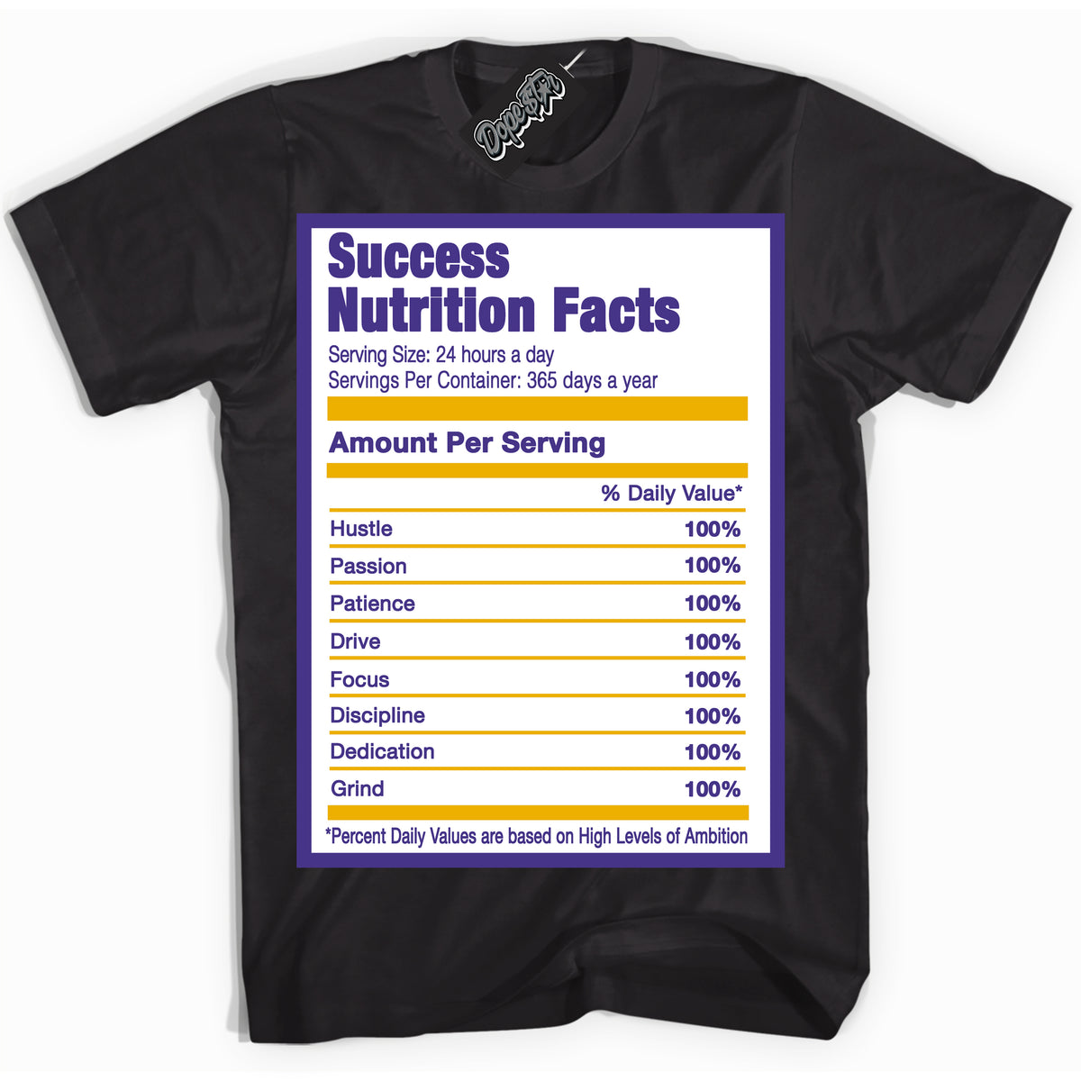 Cool Black Shirt with “Success Nutrition” design that perfectly matches the Air Force 1 QS Kobe Lakers Home Sneakers.