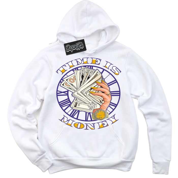 Cool White Hoodie with “Time Is Money” design that Perfectly Matches Air Force 1 QS Kobe Lakers Home Sneakers.