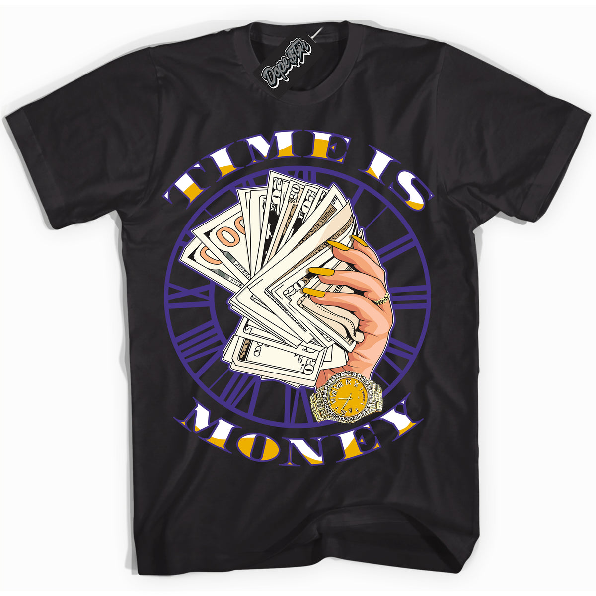 Cool Black Shirt with “Time Is Money” design that perfectly matches the Air Force 1 QS Kobe Lakers Home Sneakers.
