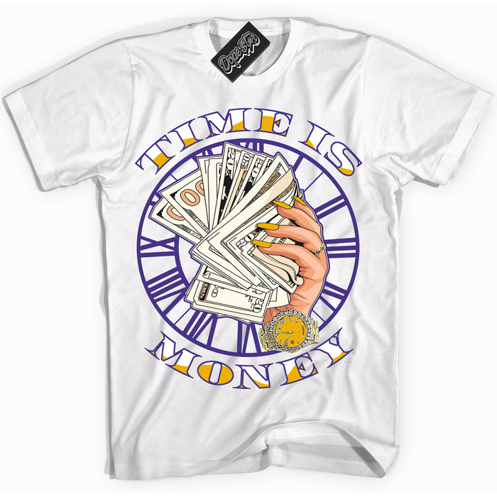 Cool White Shirt with “Time Is Money” design that perfectly matches the Air Force 1 QS Kobe Lakers Home Sneakers.