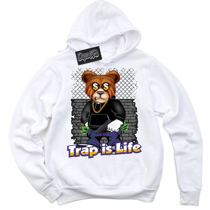 Cool White Hoodie with “Trap Is Life” design that Perfectly Matches Air Force 1 QS Kobe Lakers Home Sneakers.