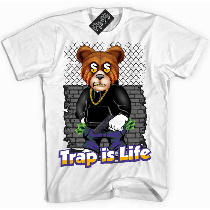 Cool White Shirt with “Trap Is Life” design that perfectly matches the Air Force 1 QS Kobe Lakers Home Sneakers.