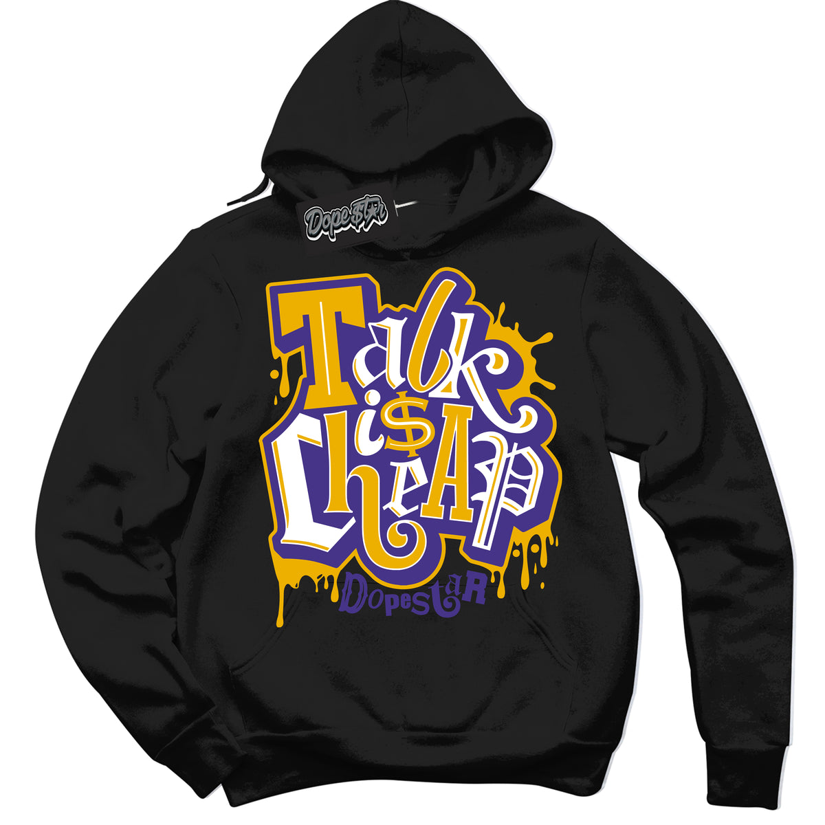 Cool Black Hoodie with “Talk Is Cheap” design that Perfectly Matches Air Force 1 QS Kobe Lakers Home Sneakers.

