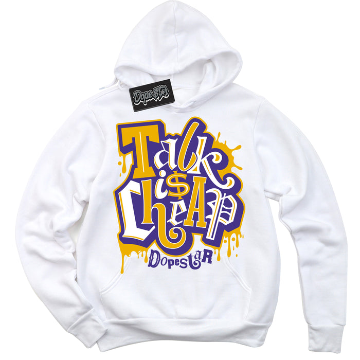 Cool White Hoodie with “Talk Is Cheap” design that Perfectly Matches Air Force 1 QS Kobe Lakers Home Sneakers.
