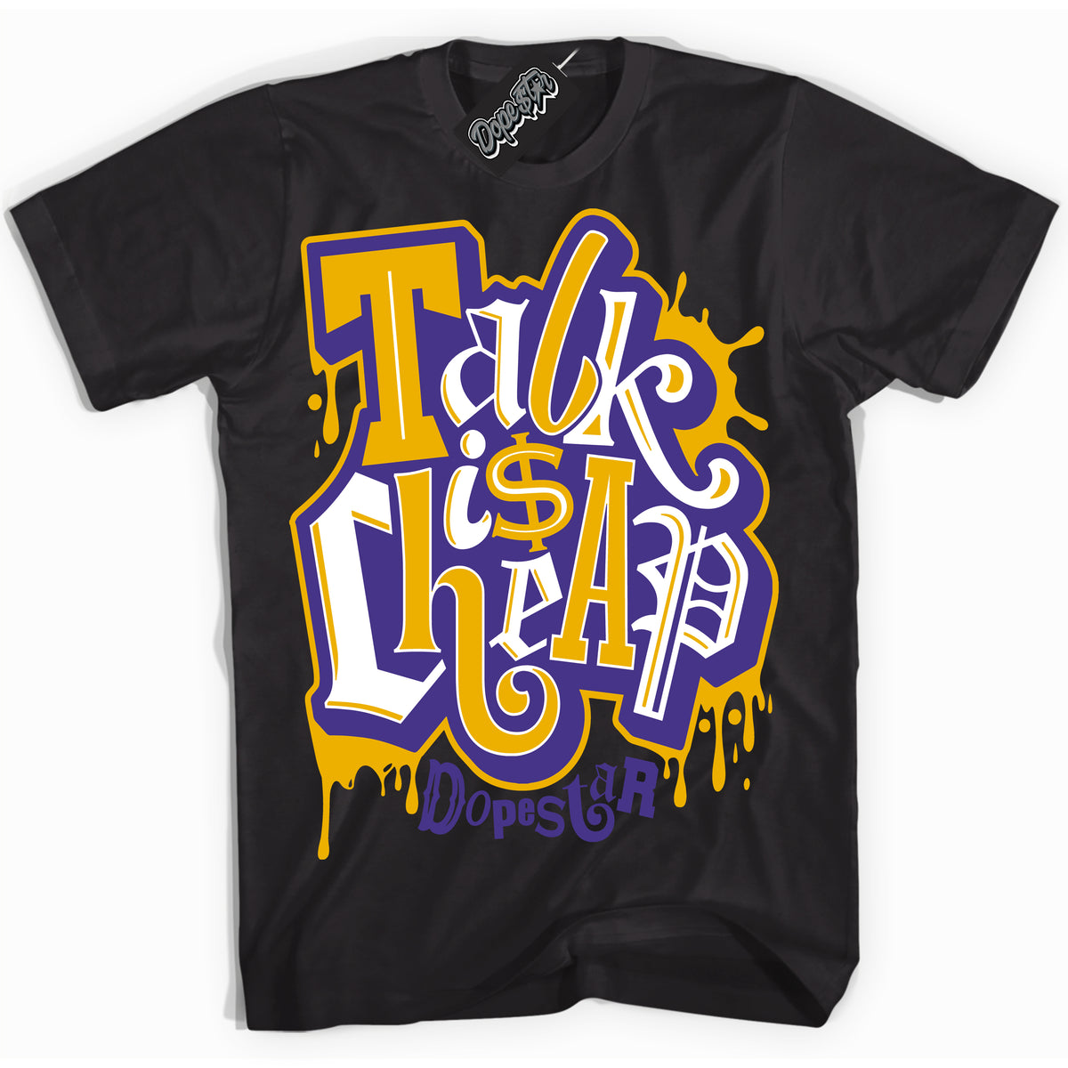 Cool Black Shirt with “Talk Is Cheap” design that perfectly matches the Air Force 1 QS Kobe Lakers Home Sneakers.