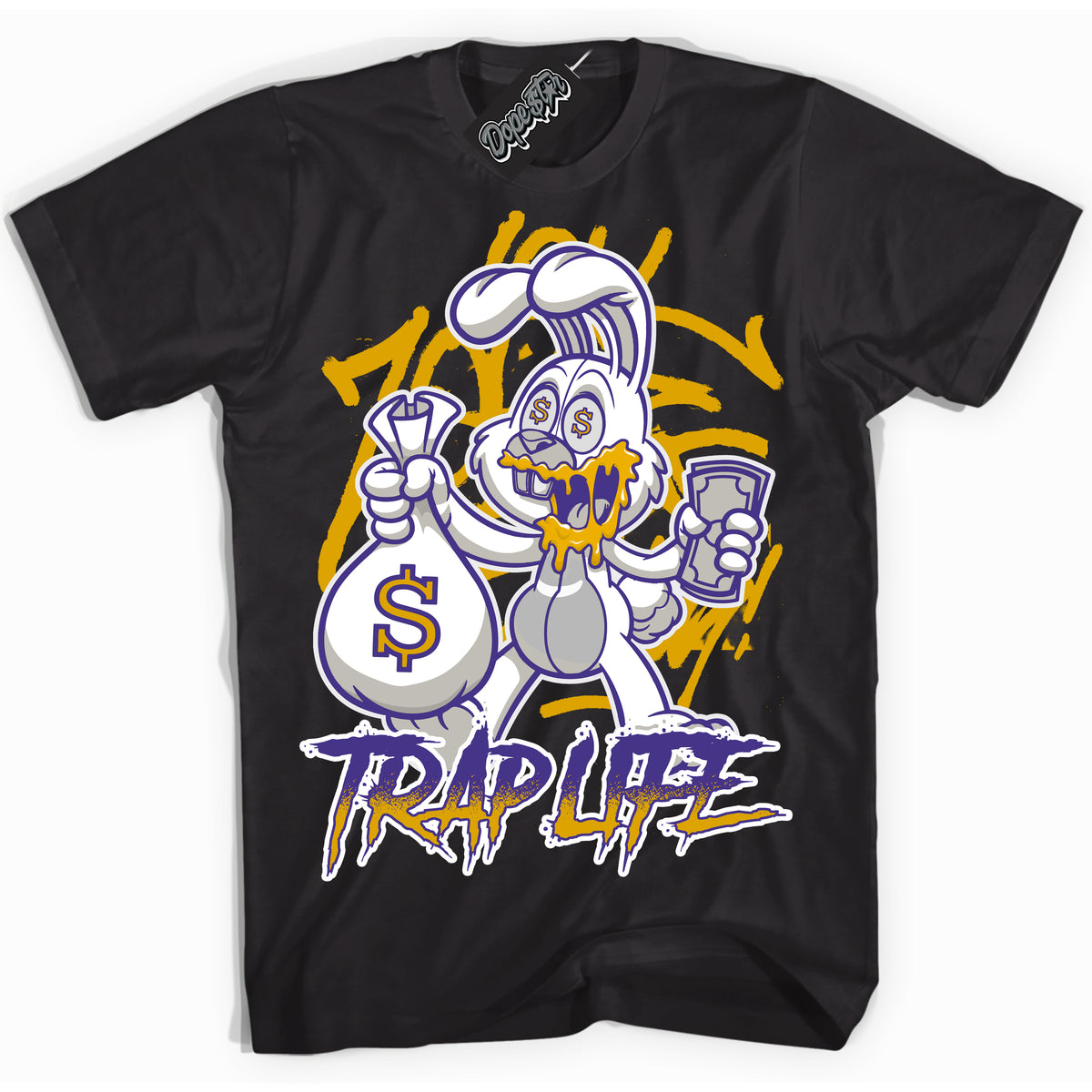 Cool Black Shirt with “Trap Rabbit” design that perfectly matches the Air Force 1 QS Kobe Lakers Home Sneakers.