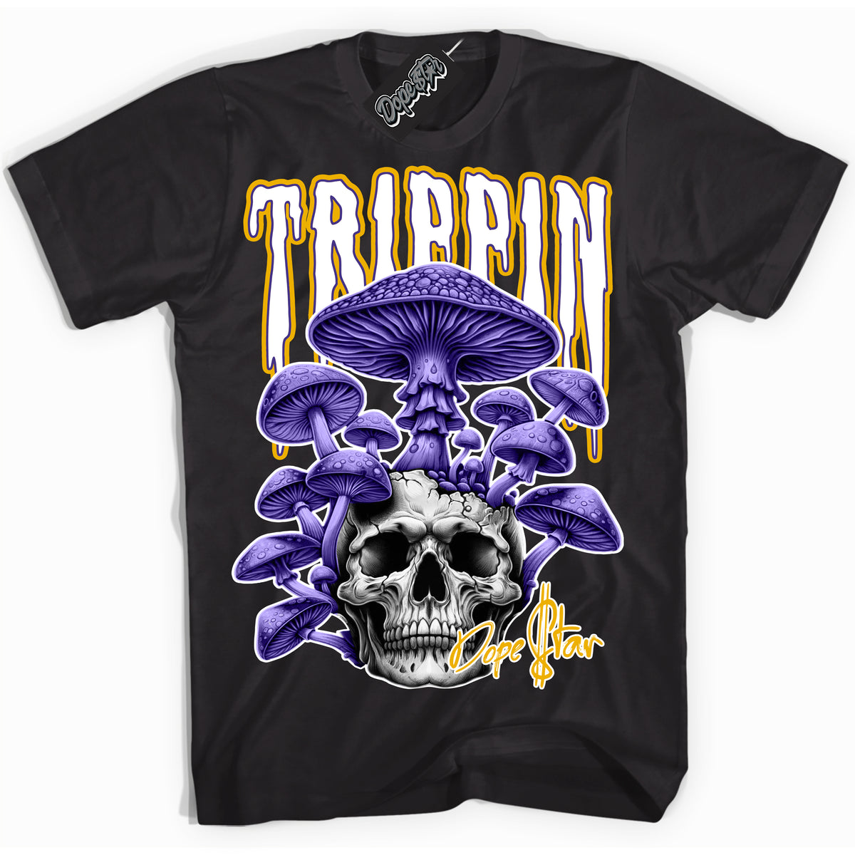 Cool Black Shirt with “Trippin” design that perfectly matches the Air Force 1 QS Kobe Lakers Home Sneakers.