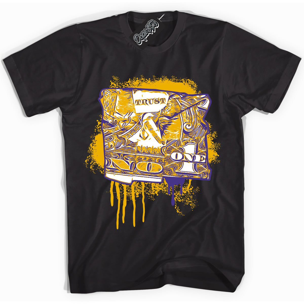 Cool Black Shirt with “Trust No One Dollar” design that perfectly matches the Air Force 1 QS Kobe Lakers Home Sneakers.