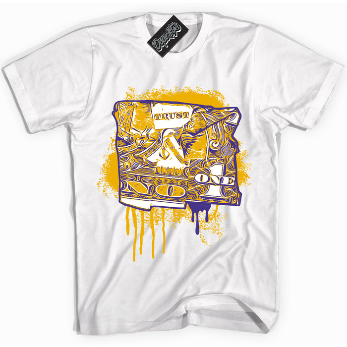 Cool White Shirt with “Trust No One Dollar” design that perfectly matches the Air Force 1 QS Kobe Lakers Home Sneakers.