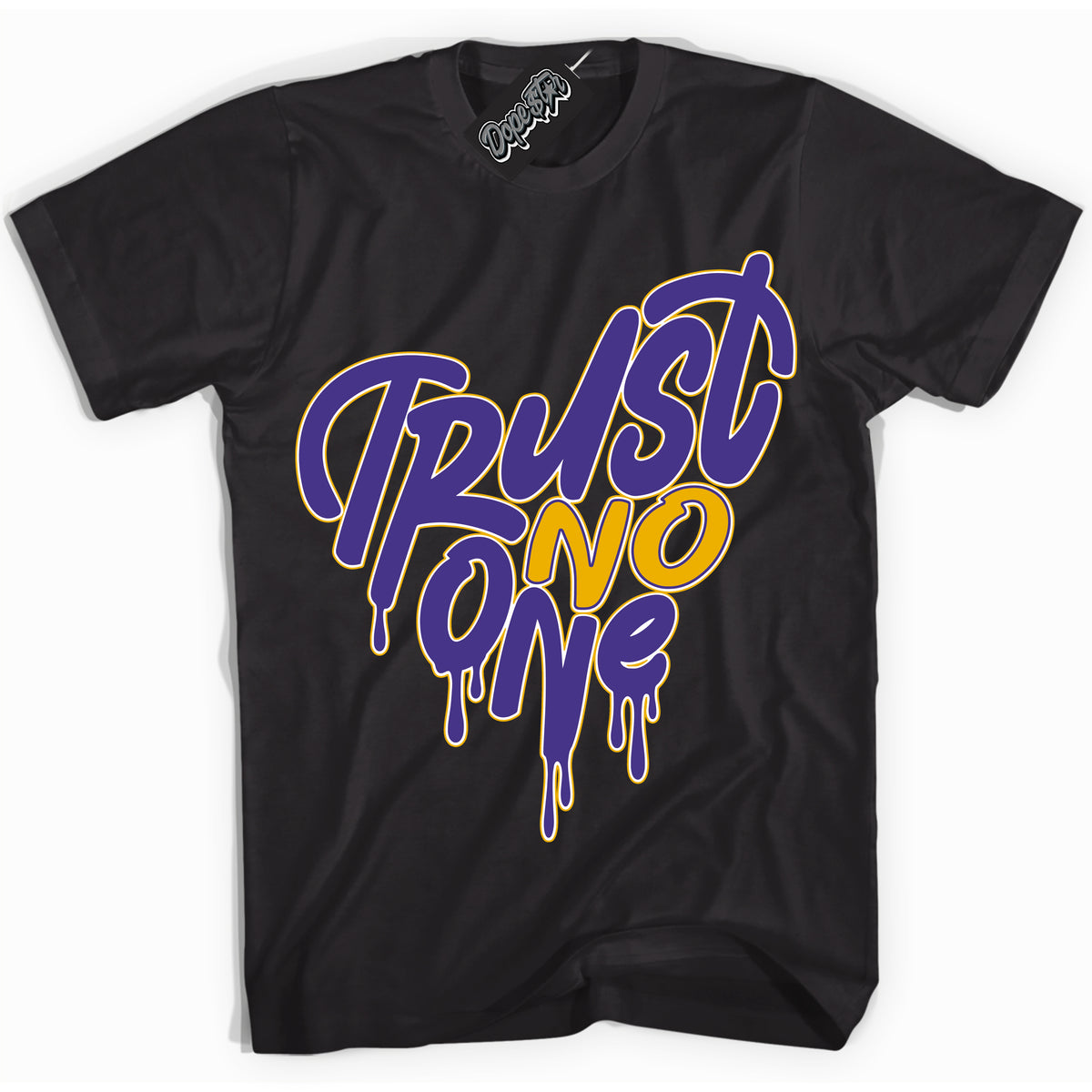 Cool Black Shirt with “Trust No One Heart” design that perfectly matches the Air Force 1 QS Kobe Lakers Home Sneakers.