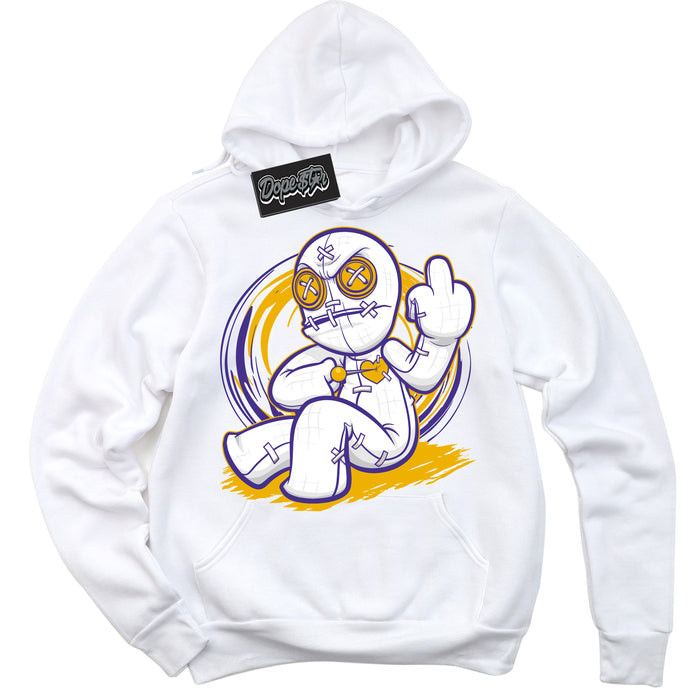 Cool White Hoodie with “Voodoo Doll” design that Perfectly Matches Air Force 1 QS Kobe Lakers Home Sneakers.