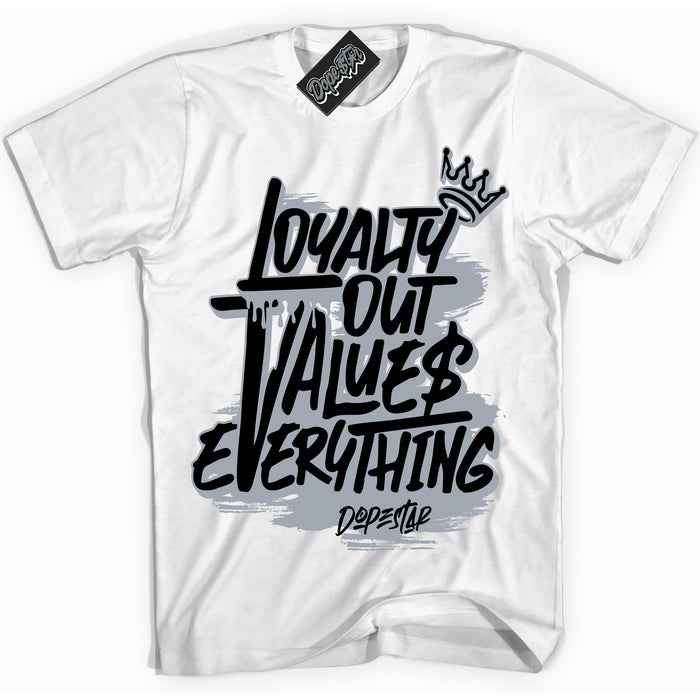 Cool White Shirt with “ Loyalty Out Values Everything” design that perfectly matches The Kaws x Sky High Farm 1s Sneakers.