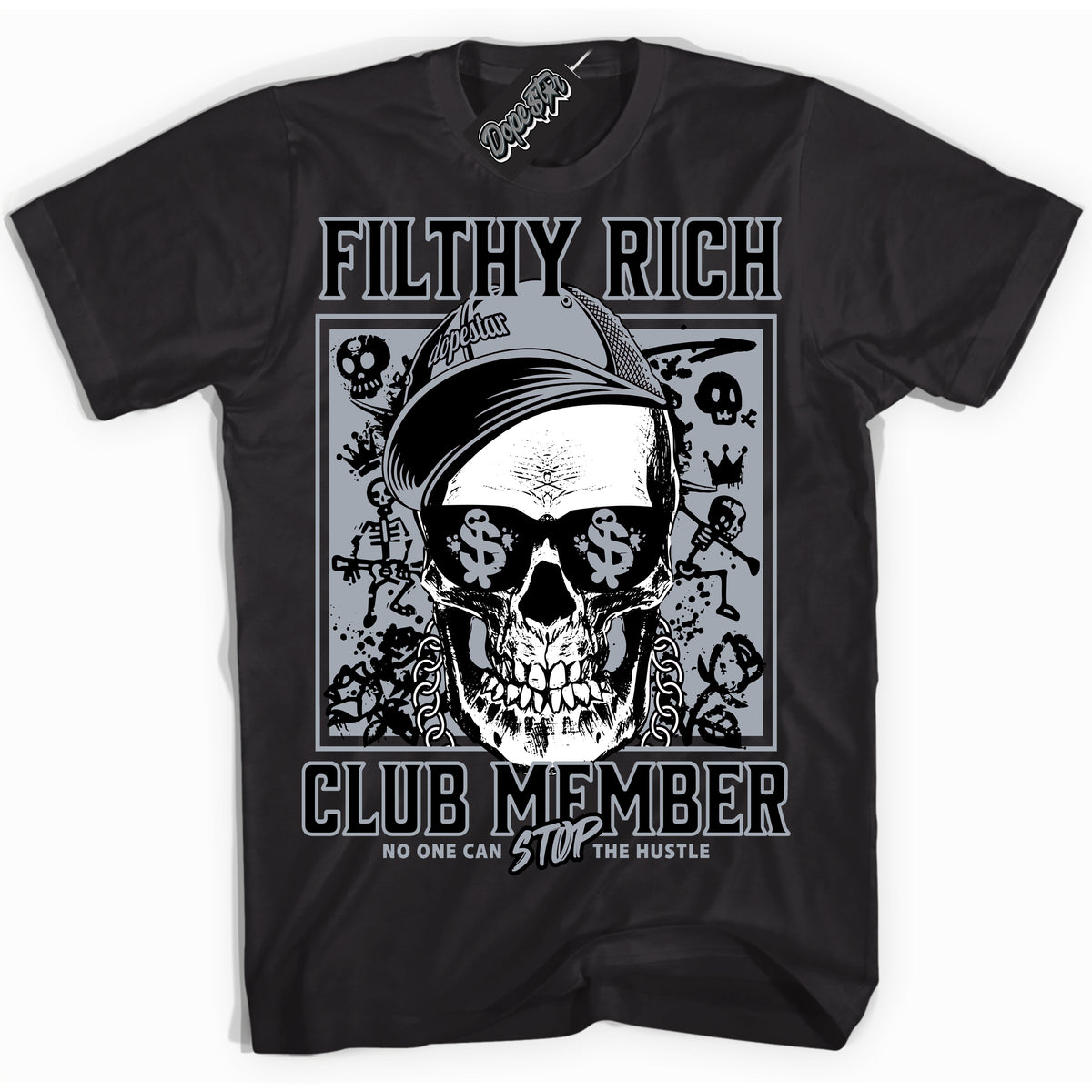 Cool Black Shirt with “ Filthy Rich” design that perfectly matches The KAWS X Sky High Farm 1s Sneakers.