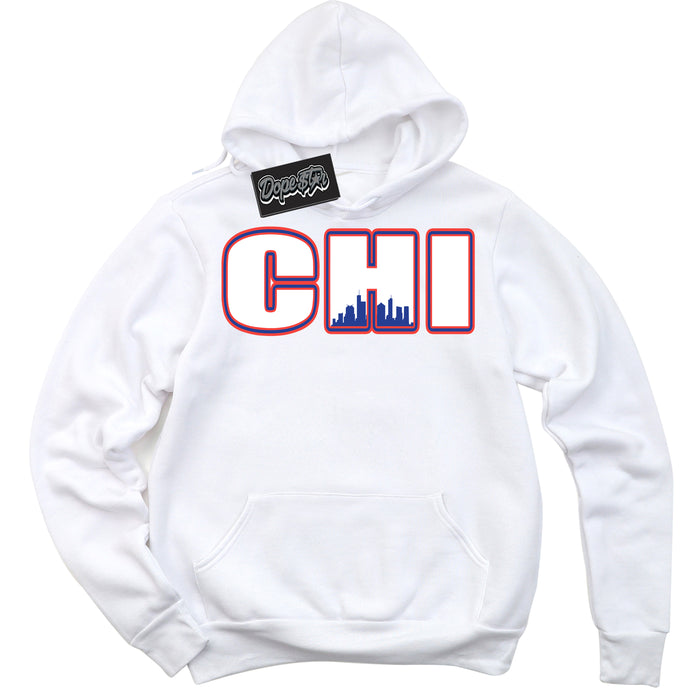 Cool White Hoodie with “ Chicago '' design that Perfectly Matches  Ultramarine 180s Sneakers.