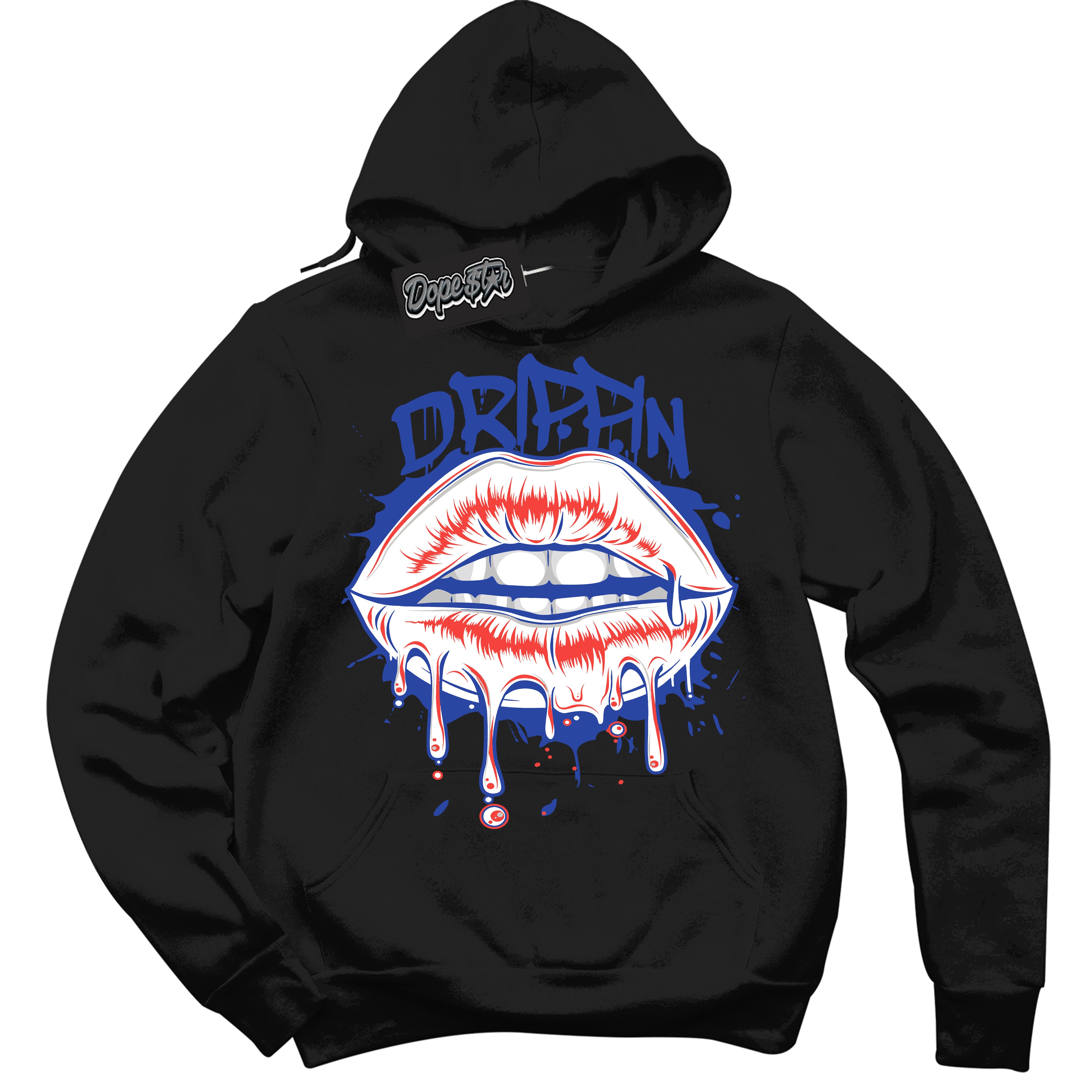 Cool Black Hoodie with “ Drippin '' design that Perfectly Matches  Ultramarine 180s Sneakers.